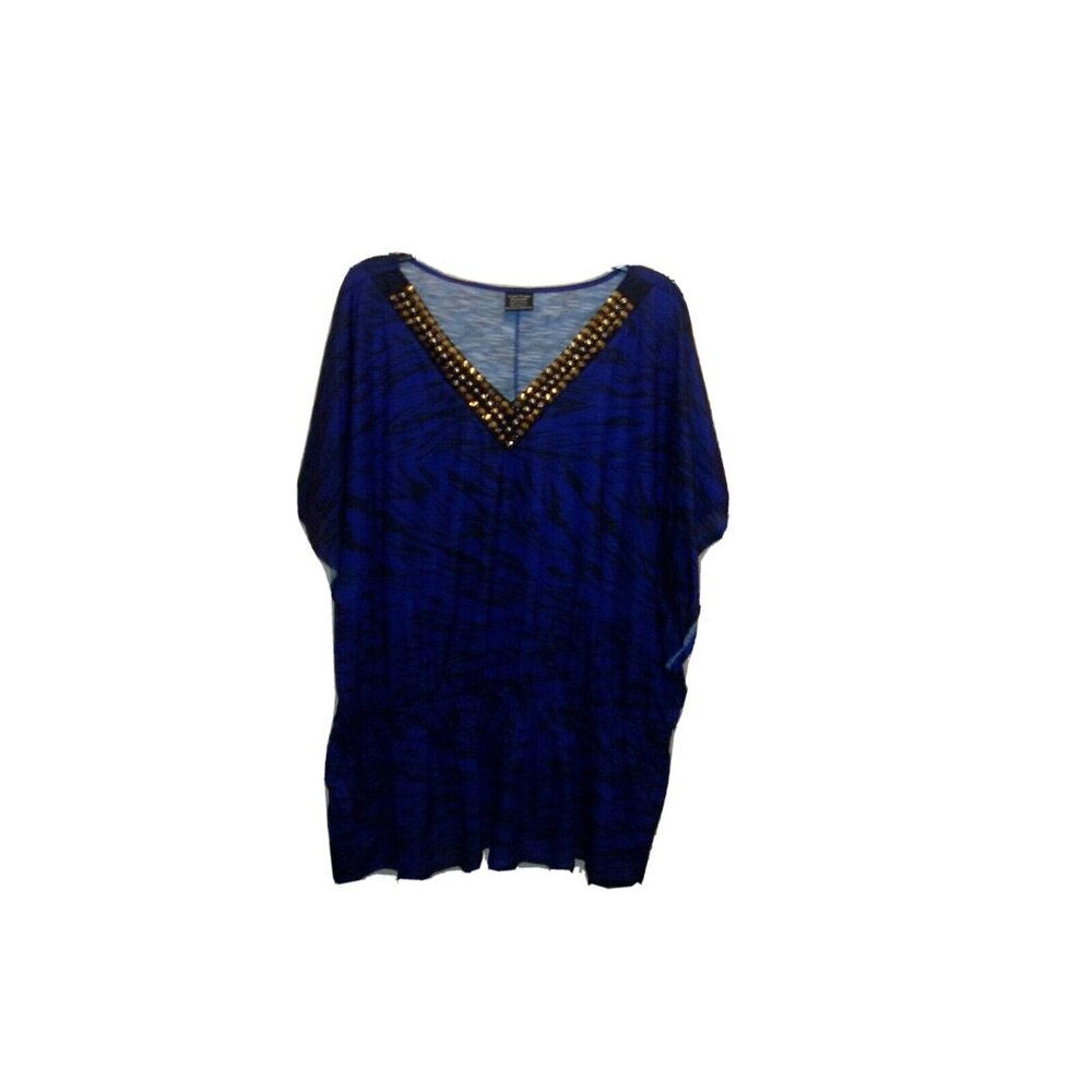 Faded Glory Blue Black Striped Elastic Waist Studded Neckline Batwing Top 4X